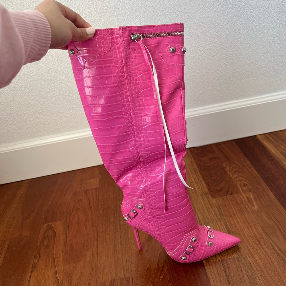 Pink Croc-Embossed Knee-High Stiletto Boots